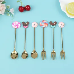 Spoons 4pcs/set Donut Candy Spoon/Fork Milk Coffee Stirring Spoon Kitchen Cutlery Creative Lollipop Fruit Fork