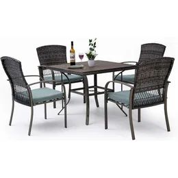 Pamapic Patio Dining Table 세트 5 조각, 정원 식당 세트, 사각형 플라스틱 나무 테이블 탑이있는 야외 고리 버들 가구 세트