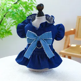 Dog Apparel Denim Bows Dresses For Small Girl Autumn Spring Pet Harness Skirt Jeans XS XL Chihuahua Yorkshire Clothes Accesories