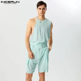 Men Sets Solid Color Loose Streetwear O-neck Sleeveless Irregular Tank Tops Shorts 2PCS Mens Casual Suits S-5XL INCERUN 240402