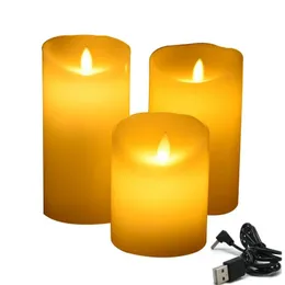 USB -uppladdningsbar Flamelös elektriska ljus elfenben Dripless Paraffin Wax Dancing Moving Wick Pillar Candle Home Bar Wedding Xmas 240412