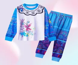 Девушка Encanto Pajamas Children Blue Pink Mirabel Print Tops и брюки 2 PCS Outfit Kidscasual Sleepwear Set Set G27151885