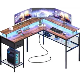 L Formad skrivbord datorskrivbord med LED -lampor Power Outlets, Gaming Desk med förvaringshyllor