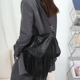 Rivet fringe shoulder bag for women new design pu leather soft cross body purse side tassel fashion luxury handbag female causal street shopping purse