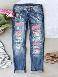 BAGN di jeans da donna per donne pantaloni a gamba larga alla moda foro rosa patchwork pantaloni di jeans lunghi