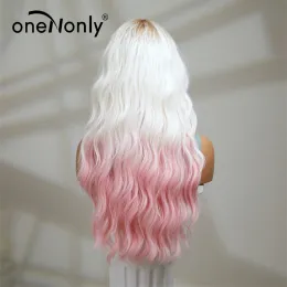 Onenonly Pink White Long Wig Blonde Rainbow Wavy Wigs Halloween Cosplay Party Wigs for Women Makeup Tools合成髪