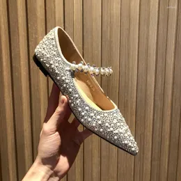 Casual Shoes 2024 Spring Summer Pearl Beads Flat Woman Crystal Band Mary Janes Pointy Glitter Ballet Flats Wedding For Women