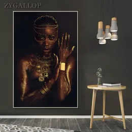 African Woman Posters and Prints Black and Gold Women Oil Painting On the Wall Modern Art Canvas Picture for Living Room Cuadros274w