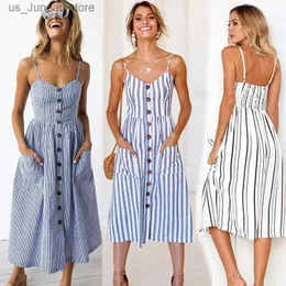 Grundläggande casual klänningar Boho sexig blommig klänning sommar vintage casual sundress kvinnlig strandklänning midi -knapp backless polka dot randiga kvinnor klänning2024 t240412