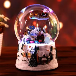 RESINA CRISTAL Ball Box Girar Light Snow Globe Glass Lights Gift Christmas Come Music Papai Noel Claus Crafts Decoração de Desktop