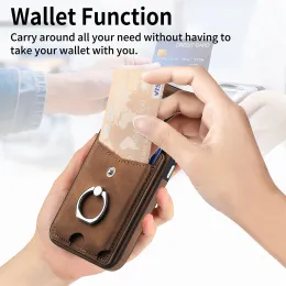 Leder -Brieftaschen -Karten -Kartenschlitzhart für iPhone 15 14 plus 13 12 11 Pro Max XS XR Finger Ringhalter Schockdcoverabdeckung