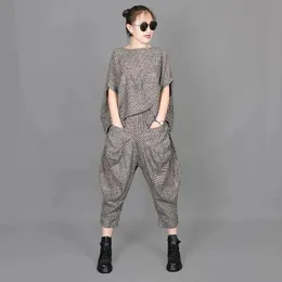 Summer Vintage Stripe Loose ONeck Tshirt 34 Lantern Pants Womens Set Fashion Asymmetric Short Sleeve Top Suit 240412