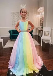 Rainbow Chiffon Little Girl Pageant Dresses 2022 Strapsneck Girls Prom Gowns Zipper / traseiro sem mangas Aline crianças longas Par2809582