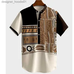 Koszulki męskie vintage vintage Henley Mens T-shirt 3D w stylu plemiennym Ubranie Ultra-Fine krótkie rękawowe Summer Ethnic Street Clothing C240412