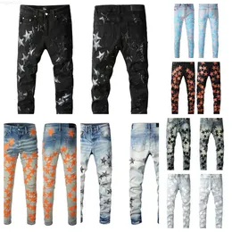 Mens Jeans For Guys Rip Slim Fit Skinny Man Pants Orange Star Patches Wing Biker Denim Stretch Motorcykel Trendig Långt rak Hip Hop med hål1H6I1H6I1H6I