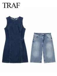 Traf sommarkvinnor mode denim 2 bit kostym sido slits o nacke kort klänning vild grundläggande kvinnlig knä längd bred ben byxa 240412