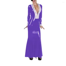 الفساتين غير الرسمية سيدة مثير الفينيل PVC الجلود كروكشورز الخامس فستان طويل أنيقة كوكتيل حفلة ثوب الأكمام المسائية الرطبة فيديتو