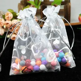 Embrulho de presente 100pcs 7x9cm bolsa de coração impressa de natal organza caixa