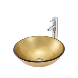 금색의 온화한 강화 유리 욕실 싱크 둥근 화장실 칸막이 세면대 호텔 샘플 용기 세면대 그릇 42*42*15cm