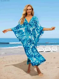 Urban Sexy Dresses 2024 Summer Bohemian Blue Printed Sexy V-Deace Vacation Kaftan Dress for Women Long Beach Moo Dresses Q1297 T240412