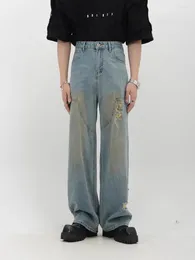 Herrenhosen Avantgarde-Stil Amerikaner gerissen gelbe Schlammfarbe Jeans Lose gerade Beinmäuse