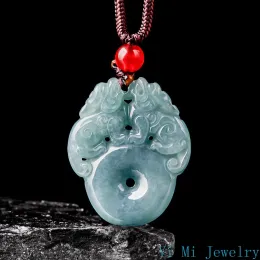 Natural Myanmar A-klass Jade Pendant Blue Water Zhaocai Double Pixiu Ping ett spännehänge Ice Jade Pendant Jade grossist