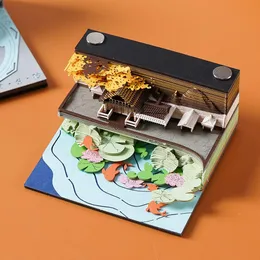 3D Memo Pad With LED Light & Pen Holder - Paper Carving Art Castle, Sticky Notes Desktop Decoration
