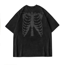 Camiseta de estampa de esqueleto para homens lavados camiseta curta angustiada
