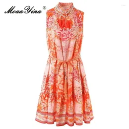 Casual Dresses MoaaYina Fashion Designer Dress Summer Women Stand Collar Crystal Sleeveless Belt Vintage Print Flounces Hem Loose