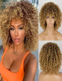 Hairsynthetic s curto para mulheres negras afro kinky curly com franja sintética natural ombre marrom loira marrom wig7273004