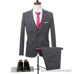 Men's Suits Blazers Mens Banquet Wedding Plus Size Three Piece Suit Blazer Vest Pants Set / Male British Style Vertical Stripe Jacket Coat Trousers