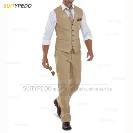 Hosen Leinenanzug für Männer lässig Slim Fit Elfenbeinanzug Weste Hose Set 2 Stück Neugeschäfts Sommer -Prom Hochzeits -Smoking für Männer Groomsmen