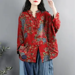 Ethnic Style Floral Printed Cotton and Linen Shirt Women Chinese Retro Stand Collar Threequarter Sleeves Casual Loose Top 240412