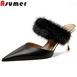 Pantofole asumer 2024 puntato punta autentica chicco di cuoio tacchi alti scarpe estive donne donne eleganti donne balla muli