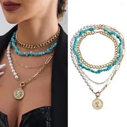 Colares de pingentes de colar de declaração impressionante Boho em camadas de pérolas turquesa com miçangas com o círculo círculo de cadeia de metal clipe para mulheres para mulheres