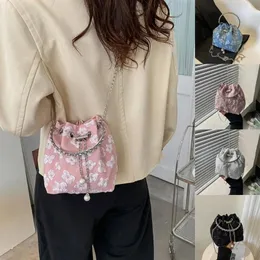 Shoulder Bags Korean Style Flower Drawstring Bucket Bag Cute Handbag Coin Purse Denim Fabric Metal Chain Floral Small Messenger Gift