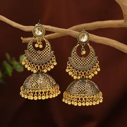 빈티지 볼리우드 골드 도금 여성을위한 Jhumka Indian Earrings Bohemia White Crystal Hollow Lanntern Tassel Drop Earrings Femmes