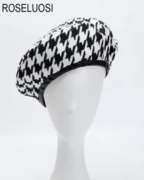 Roseluosi Autumn Winter Fashion Houndstooth basker hattar för kvinnor Black White Bonia Caps Female Gorras S181017086083517