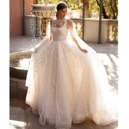Vestidos de noiva de line de luxuosos e luxuosos Apliques de renda ilusão Mangas de boné vestidos de noiva formais manto de mariee 0516