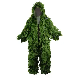 ズボンハンティングギリースーツ通気性メッシュ+グリーンの葉スナイパー服の森の訓練服ハンティングスーツパンツフード付きジャケット