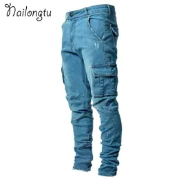 Calça jeans de carga azul preto homens grandes tamanho s4xl casual jeans multipocket jeans roupas masculinas 2023 nova alta qualidade
