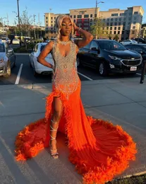 Turuncu Afrika Işıltılı Balo Töreni Black Girl For Black Girl Fırıltı Elmas Tassel Velvet Slit Akşam Gala Elbisesi