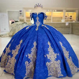 Blue Shiny Quinceanera Vestes Appliques de renda dourada do ombro Charro Vestido de 15 Anos 2024 Sweet 16 PROM VIOS