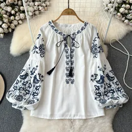 Bohemian Blusa Feminina o Boyun Nakış Gevşek Camisas de Mujer Etnik Stil Bahar Techenup Bluz Kadınlar Retro Drop 240412