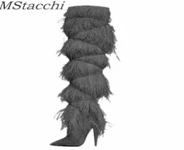 Mstacchi Winter Neuheit Frauen Boots Wildleder geschnitzt posped Toe Party High Heel Schuhe sexy Strauß Feder über den Kniestiefeln 2215394980