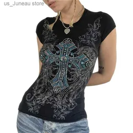 Kadın Tankları Camis Xingqing Rhinestone T Shirt Y2K Estetik Peri Grunge Çapraz Kanatlar Desen Kısa Slve Üstler Sıradan Grafik T 2000S Strtwear T240412