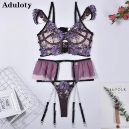 Bras aduloty lingerie erótica sexy bordado requintado bordado grande perspectiva de flores de decoração de cadeia metal tenta