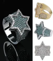 Real Gold White Gold Dark Green Iced Out Cubic Zirconia Hexagonal Star Finger Band Ring Color Preserve Bling Diamond Rapper Ring8262597