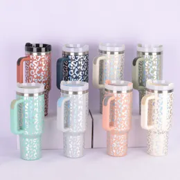 H2.0 40oz powder coated Leopard print tumbler Hot Silver print BPA free stainless steel insulated travel cup with Removable Handle ,sold by case