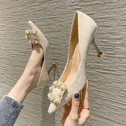 H876-78 High Heels Womens New Pointed Grunt Mouth Womens Shoe Pendlar Rhinestone Square Buckle Temperament Korean Version Thin Heel Single Shoe Women Women